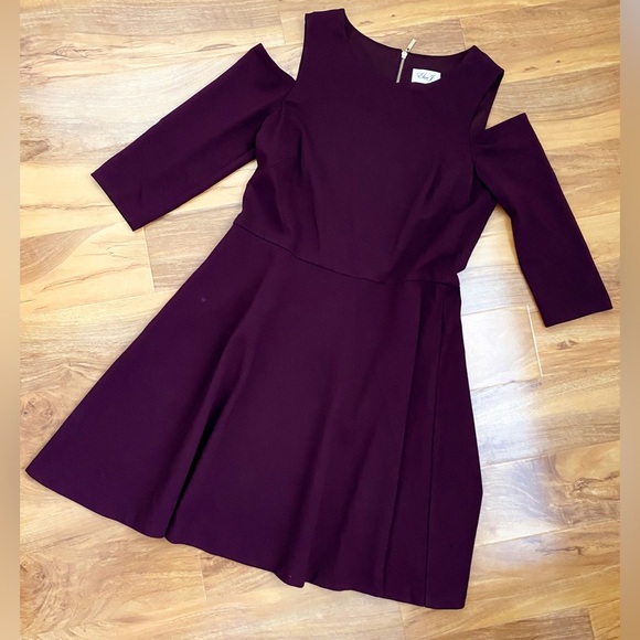 Eliza J Maroon Burgundy Skater Cold Shoulder Dress A-line Wedding Formal Flare - Picture 6 of 9